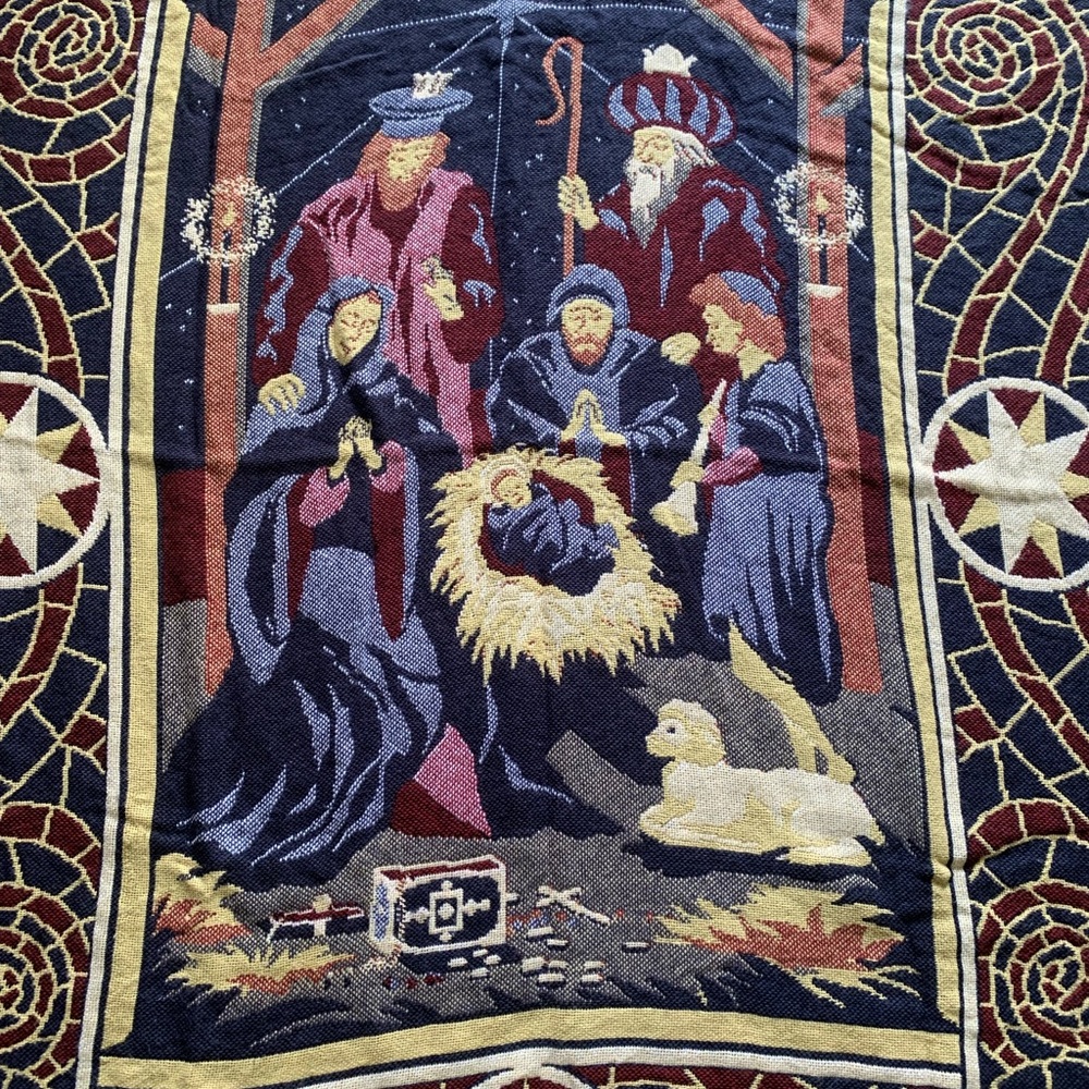 Nativity Scene Tapestry Knit Fringe Trim Throw Blanket Holiday Christmas